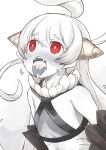  1girl abyssal_ship bare_shoulders blush commentary_request cum cum_in_mouth enjaku_izuku fangs flat_chest gills highres kantai_collection long_hair midriff new_battleship_princess open_mouth pale_skin red_eyes sharp_teeth simple_background skinny solo sports_bra teeth very_long_hair white_background white_hair 