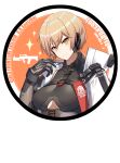  1girl absurdres arm_up bangs black_bodysuit blonde_hair bodysuit breasts character_name closed_mouth copyright_name english_text eyebrows_visible_through_hair girls&#039;_frontline girls&#039;_frontline_2:_exilium gloves headphones highres jiafei2o3 long_hair looking_at_viewer medium_breasts ots-14_(girls&#039;_frontline) russian_text simple_background smile solo_focus upper_body white_background white_robe yellow_eyes 
