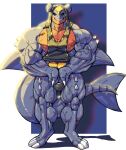  2022 abs anthro barazoku biceps big_muscles blue_background bulge claws clothed clothing digitigrade flexing front_view garchomp gumdrop92 hi_res hood hoodie huge_muscles looking_at_viewer male muscular muscular_anthro muscular_male navel nintendo nipples pecs pok&eacute;mon pok&eacute;mon_(species) quads sharp_teeth simple_background sleeveless_hoodie smile solo spikes spikes_(anatomy) standing teeth thong topwear underwear vein veiny_muscles video_games white_background 