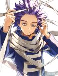  1boy :| arms_up bags_under_eyes bloom boku_no_hero_academia closed_mouth costume expressionless forehead gym_uniform hands_up high_collar highres holding holding_weapon looking_at_viewer male_focus messy_hair purple_eyes purple_hair scarf shinsou_hitoshi short_hair simple_background solo spiked_hair strap tonbanlove twitter_username u.a._gym_uniform upper_body weapon white_background 