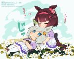  2girls animal_ears artist_name blue_eyes brown_hair chibi chinese_text closed_eyes closed_mouth collared_shirt commentary dress english_text eyebrows_visible_through_hair field flower flower_field frilled_dress frills green_hair hair_between_eyes hair_flower hair_ornament head_on_head head_rest headband highres horse_ears horse_girl horse_tail lap_pillow looking_at_viewer lying multiple_girls nishino_flower_(umamusume) on_back own_hands_clasped own_hands_together purple_dress red_headband school_uniform seiun_sky_(umamusume) seiza shirt short_sleeves sitting smile sugomori_tsuru_(artist) tail thighhighs tracen_school_uniform umamusume white_legwear x_hair_ornament 