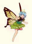  1girl antennae aqua_hair bad_anatomy bad_id bad_perspective bad_pixiv_id banned_artist barefoot butterfly_wings dress eternity_larva eyebrows_visible_through_hair fairy frown full_body green_dress hair_between_eyes highres leaf leaf_on_head multicolored_clothes multicolored_dress open_mouth orange_eyes short_hair short_sleeves simple_background solo third-party_source touhou twiggytom wings yellow_background 