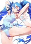  armpits arms_up athletic_leotard ballet_slippers blue_hair bombergirl breasts covered_navel drill_hair hesotenzzz highres leotard lewisia_aquablue nail_polish small_breasts sweat twintails yellow_eyes 