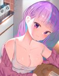  1girl absurdres ahoge bangs blue_hair blunt_bangs blush braid breasts camisole cardigan cleavage collarbone colored_inner_hair dunggeul_dunggeul eyebrows_visible_through_hair highres hololive large_breasts long_hair looking_at_viewer medium_breasts minato_aqua multicolored_hair pink_cardigan purple_eyes purple_hair sidelocks solo spill strap_slip streaked_hair twintails two-tone_hair virtual_youtuber wet white_camisole 