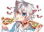  1boy animal_ears cat_boy cat_ears commentary eating english_commentary eyebrows_visible_through_hair food ginziro525 ginziro525_(vtuber) hair_between_eyes heterochromia holding holding_food indie_virtual_youtuber male_focus meal pizza_slice silver_hair virtual_youtuber white_background 