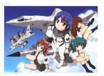  6+girls absurdres aircraft airplane aoki_kiriko artbook black_hair blue_eyes blush bodysuit braid breasts brown_eyes brown_hair chibi cloud copyright_name day doi_shizuha fighter_jet green_hair grey_skirt headband highres honjou_mikaze jet kikuhara_karin long_hair looking_at_viewer medium_breasts meteor_sweepers_uniform military military_vehicle multiple_girls nakamura_ayamo necktie ninomiya_mana official_art open_mouth orange_hair outdoors pilot_helmet pilot_suit red_hair red_necktie scan school_uniform shirt shoes short_hair skirt sky small_breasts smile socks stratos_4 tachibana_mirei twintails uniform white_bodysuit white_shirt yamauchi_noriyasu 