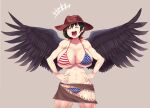  +++ 1girl :d american_flag_swimsuit bangs bikini black_hair black_wings blush breasts brown_headwear cleavage closed_eyes collarbone commentary_request cowboy_hat cowboy_shot eyelashes feathered_wings fingernails gomeifuku grey_background hands_on_hips hat highres huge_breasts kurokoma_saki large_wings laughing muscular muscular_female navel open_mouth pegasus_wings smile solo standing stomach swimsuit teeth thick_thighs thighs toned tongue touhou upper_teeth wings 