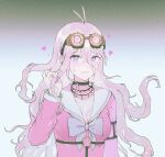  1girl antenna_hair bangs barbed_wire blonde_hair blue_eyes blush bow breasts brown_choker choker collarbone commentary_request danganronpa_(series) danganronpa_v3:_killing_harmony goggles goggles_on_head gradient gradient_background hair_between_eyes hand_up heart highres iruma_miu large_breasts long_hair long_sleeves messy_hair parted_lips pink_bow pink_shirt sailor_collar shirt sweat teeth unmyeong upper_body white_sailor_collar 