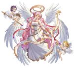  1girl 2others absurdres ambiguous_gender angel angel_wings archangel_gabriel_(guardian_tales) arm_at_side artist_request bow_(weapon) bracer breasts diadem dress feathered_wings feathers guardian_tales hair_ornament halo hand_up highres holding holding_bow_(weapon) holding_feather holding_weapon long_hair looking_at_viewer medium_breasts multiple_others multiple_wings official_art open_mouth pink_hair red_eyes seraph shield smile transparent_background weapon wings 