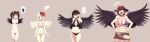  4girls :d absurdres american_flag_swimsuit animal_on_head arm_up arms_at_sides arms_behind_back bangs bangs_pinned_back bare_shoulders bird bird_on_head bird_wings black_hair black_swimsuit black_wings blonde_hair blush breast_conscious breasts brown_eyes brown_hair brown_headwear chick cleavage closed_eyes collarbone cowboy_hat cowboy_shot eyebrows_visible_through_hair eyelashes feathered_wings feet_out_of_frame fingernails frustrated gomeifuku grey_background hair_ribbon hand_in_hair hands_on_hips hat highres himekaidou_hatate huge_breasts kurokoma_saki large_breasts large_wings laughing long_hair looking_to_the_side medium_breasts multiple_girls muscular muscular_female navel niwatari_kutaka on_head open_mouth orange_swimsuit parted_lips pegasus_wings petite pointy_ears print_swimsuit purple_eyes purple_ribbon purple_swimsuit red_eyes red_hair red_headwear ribbon shameimaru_aya shiny shiny_hair short_hair simple_background small_breasts smile solo spoken_blush spoken_squiggle squiggle standing stomach sweatdrop swimsuit teeth thick_thighs thighs tokin_hat toned tongue touhou two_side_up upper_teeth wings yellow_wings 