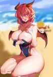  1girl absurdres ankh_man bare_shoulders beach blurry blurry_background blush breasts cleavage collarbone dark_magician_beth demon_girl ear_piercing eyebrows_visible_through_hair guardian_tales hand_on_own_chest highres horns huge_breasts lifeguard_yuze little_princess_(guardian_tales) looking_at_viewer medium_hair one-piece_swimsuit open_mouth piercing pink_eyes pointy_ears red_hair red_wings seiza sitting swimsuit thighs torn_clothes wings 