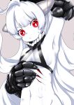  1girl abyssal_ship ahoge armpits breasts colored_skin covered_nipples eyebrows_visible_through_hair gauntlets gills kantai_collection long_hair nassukun navel new_battleship_princess red_eyes small_breasts solo upper_body white_hair white_skin 