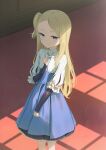  1girl blonde_hair blue_eyes blue_skirt blurry blurry_background closed_mouth depth_of_field feet_out_of_frame hand_on_own_chest high-waist_skirt highres long_hair long_sleeves looking_at_viewer mary_(princess_principal) one_side_up princess_principal princess_principal_crown_handler shirt skirt solo standing wasabi60 white_shirt 