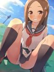  1girl bangs black_legwear black_sailor_collar black_skirt blue_sky blush brown_eyes brown_footwear brown_hair cloud commentary_request day feet_out_of_frame forehead grin highres karakai_jouzu_no_takagi-san kneehighs knees_up long_hair looking_at_viewer neckerchief outdoors panties parted_bangs pleated_skirt power_lines red_neckerchief sailor_collar seneto shirt sitting skirt sky smile solo spread_legs takagi-san underwear utility_pole white_panties white_shirt 