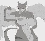  abs avian beak big_breasts breasts female flexing genitals gryphon hi_res looking_at_viewer monochrome muscular muscular_female mythological_avian mythology neck_tuft nipples nude open_beak open_mouth pussy shredded_wheat solo tuft wings 