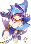  2girls :d absurdres aijou_karen arm_up armpit_crease bangs bare_shoulders blue_dress blue_footwear blue_headwear blunt_bangs blunt_ends boots breasts bright_pupils brown_eyes brown_hair cleavage collarbone commentary_request cosplay crown_hair_ornament dark_magician_girl dark_magician_girl_(cosplay) dress eyebrows_visible_through_hair floating_hair full_body goe_(g-o-e) gym_uniform hair_ornament hand_on_headwear hands_up hat highres holding holding_wand jacket jacket_on_shoulders large_breasts light_blush long_hair looking_at_viewer multiple_girls off-shoulder_dress off_shoulder open_mouth outstretched_arm parted_lips purple_eyes purple_hair red_shorts shade shirt short_hair short_sleeves shorts shoujo_kageki_revue_starlight sidelocks simple_background smile standing tsuyuzaki_mahiru two_side_up v-shaped_eyebrows vambraces wand wavy_mouth white_background white_jacket white_shirt wizard_hat yu-gi-oh! 