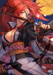 1girl absurdres amputee arm_guards armor baiken big_hair black_jacket black_kimono breasts cleavage clenched_teeth eyepatch facial_tattoo greaves guilty_gear guilty_gear_strive highres hungry_clicker jacket jacket_on_shoulders japanese_clothes kataginu katana kimono large_breasts long_hair looking_at_viewer moon multicolored_clothes multicolored_kimono night one-eyed open_clothes open_kimono ponytail red_eyes red_hair samurai sash scar scar_across_eye scar_on_face sheath shiny sword tattoo teeth thighs very_long_hair weapon wide_sleeves 