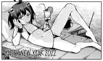  1girl ahoge barefoot beach_towel bikini champagne_flute cup drinking_glass drinking_straw flat_chest food fruit geewhy greyscale hair_ornament happy_new_year highres holding holding_eyewear looking_at_viewer lying medium_hair micro_bikini mole mole_under_mouth monochrome nail_polish new_year on_back orange_(fruit) orange_slice original parted_lips reclining skull_hair_ornament solo spread_legs swimsuit towel twintails 