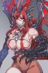  1girl black_sclera bow_(bhp) breasts claws closed_mouth colored_sclera copyright_request cowboy_shot fingernails glowing glowing_eyes highleg highleg_panties horns large_breasts long_hair looking_at_viewer monster_girl muscular muscular_female navel panties red_eyes red_hair sharp_fingernails solo underwear wings 