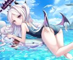  1girl absurdres ass bare_shoulders bird black_wings blue_archive blue_sky blush closed_mouth cloud commentary_request day demon_tail detached_wings halo head_wings highres hina_(blue_archive) innertube long_hair looking_at_viewer looking_back low_wings mini_wings ocean one-piece_swimsuit outdoors purple_eyes school_swimsuit seagull sky solo swimsuit tail water wings zeroillya 