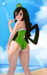  1girl animal_on_head artist_name ass asui_tsuyu atric18 beach black_eyes blue_sky boku_no_hero_academia closed_mouth cloud commentary day frog frog_girl from_behind green_hair green_swimsuit hair_between_eyes hair_rings hand_on_own_thigh hand_up highres index_finger_raised long_hair looking_at_viewer looking_back low-tied_long_hair mixed-language_commentary on_head outdoors sand sky solo standing swimsuit thighs tongue tongue_out twitter_logo twitter_username water web_address wet 