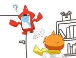  ? bookshelf confused door kemosuk looking_at_another orange_hair pokemon pokemon_(game) pokemon_sm rotom rotom_dex shirt sophocles_(pokemon) talking white_shirt yellow_collar 