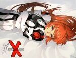  1girl arms_under_breasts black_gloves brown_eyes commentary copyright_name elhaym_van_houten english_commentary gloves hair_spread_out looking_at_viewer lying on_back optionaltypo pilot_suit purple_eyes smile solo xenogears 