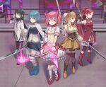 5girls absurdres akemi_homura ankle_ribbon ankle_strap arm_warmers armpits arrow_(projectile) bangs beige_shirt black_bow black_hair black_shirt blonde_hair blue_eyes blue_footwear blue_hair blue_shirt blue_skirt bolo_tie boots bow bow_(weapon) breast_cutout breasts brown_corset brown_footwear brown_gloves brown_headwear brown_legwear building cape choker closed_mouth collarbone concrete corset detached_sleeves dress dress_bow drill_hair dual_wielding expressionless eyebrows_visible_through_hair fingerless_gloves fire flower frilled_dress frilled_gloves frilled_legwear frilled_shirt frilled_skirt frilled_sleeves frills full_body gloves gun hair_between_eyes hair_bow hair_flower hair_ornament hairband hairclip hand_in_hair hand_up hat high_collar high_heel_boots high_heels highres holding holding_arrow holding_bow_(weapon) holding_gun holding_polearm holding_sword holding_weapon jewelry kaname_madoka lance light_blush light_frown light_smile long_hair long_sleeves looking_at_viewer looking_to_the_side magical_girl mahou_shoujo_madoka_magica medium_breasts medium_hair miki_sayaka miniskirt multicolored_clothes multicolored_dress multicolored_footwear multicolored_shirt multiple_girls musical_note_hair_ornament musket necktie night parted_bangs parted_lips pink_bow pink_dress pink_eyes pink_fire pink_hair pink_skirt pleated_skirt polearm ponytail puffy_dress puffy_short_sleeves puffy_sleeves purple_eyes purple_hairband purple_legwear purple_necktie purple_shirt purple_skirt railing red_choker red_dress red_eyes red_footwear red_hair ribbon rooftop sakura_kyouko shield shirt short_dress short_hair short_sleeves sidelocks simple_background skirt sleeveless sleeveless_dress small_breasts socks solo soul_gem straight_hair striped striped_legwear swept_bangs sword thigh_boots thighhighs tomoe_mami trigger_discipline twintails v-shaped_eyebrows very_long_hair weapon white_background white_cape white_dress white_gloves white_legwear white_shirt white_trim yellow_dress yellow_eyes yellow_footwear yellow_necktie yellow_skirt yy_seven zettai_ryouiki 