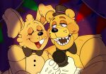  2022 animatronic anthro barazoku big_ears bigheadidiot black_nose blonde_hair blue_eyes blush bow_tie buckteeth close-up clothing curtains curtains_open duo eyebrows eyelashes eyes_closed fangs five_nights_at_freddy&#039;s five_nights_at_freddy&#039;s_4 fredbear_(fnaf) fur gloves gums hair half-closed_eyes handwear happy hat headgear headwear hi_res holding_microphone holding_object lagomorph leporid light long_ears looking_aside looking_at_another looking_at_partner machine male mammal manly microphone multicolored_body multicolored_ears multicolored_fur muscular muscular_anthro muscular_male narrowed_eyes nude open_mouth orange_ears orange_eyebrows portrait purple_background rabbit robot round_ears scottgames scut_tail sharp_teeth short_hair short_tail simple_background singer singing smile spotlight spring_bonnie_(fnaf) stage_curtains star teeth tongue toony top_hat two_tone_body two_tone_fur ursid video_games yellow_body yellow_ears yellow_fur yellow_tail 