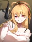  1girl absurdres ahoge bangs blonde_hair blurry character_request eyebrows_visible_through_hair eyes_visible_through_hair hair_between_eyes hand_up hat highres long_hair microphone off_shoulder original red_eyes sbgu sleeves_past_wrists solo sweater upper_body virtual_youtuber 