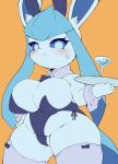  anthro big_breasts blush breasts camel_toe cleavage clothed clothing eeveelution female glaceon hi_res legwear nintendo orange_background pok&eacute;mon pok&eacute;mon_(species) sarier413 simple_background solo thigh_highs video_games 