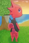  absurd_res al_dente_art animal_crossing anthro anus backsack balls bottomless chameleon clothed clothing flick_(animal_crossing) genitals hi_res lizard looking_at_viewer looking_back looking_back_at_viewer male nintendo plant red_body reptile scalie sea solo tree video_games water 