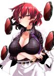  1girl arms_under_breasts belt black_shirt blush breast_hold breasts breath cleavage collarbone drum drumsticks earrings highres holding holding_drumsticks horikawa_raiko instrument jacket jewelry large_breasts looking_at_viewer plaid red_eyes red_hair rihito_(usazukin) shirt short_hair simple_background skirt smile solo steaming_body touhou upper_body white_background white_jacket white_skirt 
