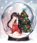  1girl bangs bare_legs bare_shoulders barefoot blurry blurry_background blush bow breasts brown_hair christmas christmas_ornaments christmas_tree commentary dress elbow_gloves english_commentary english_text eyebrows_visible_through_hair fang full_body fur-trimmed_dress fur-trimmed_sleeves fur_trim gloves hair_ornament heeri long_hair looking_at_viewer medium_breasts original parted_lips pom_pom_(clothes) pom_pom_hair_ornament red_dress red_eyes red_gloves see-through sitting skin_fang sleeveless smile snow_globe snowflake_ornament snowing solo twintails very_long_hair wariza yellow_bow 