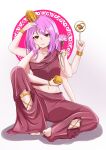  1girl absurdres anklet barefoot bracelet brown_eyes collarbone commentary_request extra_arms eyebrows_visible_through_hair flower full_body highres holding holding_flower index_finger_raised jewelry lotus midriff navel original purple_hair ring sitting solo templaaa 