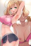  1girl :d areolae armpits black_shorts blonde_hair blush bra breasts cleavage commentary_request covered_nipples green_eyes highres idolmaster idolmaster_cinderella_girls large_breasts looking_at_viewer midriff mk_(mod0) multiple_views nipples one_breast_out pink_bra satou_shin short_hair shorts smile solo sports_bra sportswear sweat twintails underwear 