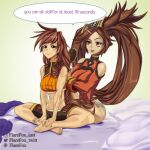  2girls abs absurdres arc_system_works bed brown_hair dnf_duel dungeon_and_fighter fighter_(dungeon_and_fighter) fighting flarefox guilty_gear highres kuradoberi_jam long_hair multiple_girls muscular muscular_female original smile striker_(dungeon_and_fighter) 