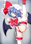  1girl :3 :d alternate_costume bangs bat_wings blue_hair bow choker eyebrows_visible_through_hair fang frills hat highres kagayama_hajime locker locker_room looking_at_viewer mob_cap navel open_mouth red_bow red_choker red_eyes remilia_scarlet short_hair smile solo split standing standing_on_one_leg standing_split thighhighs touhou touhou_tag_dream white_headwear white_legwear wings wrestling_outfit wrist_cuffs 