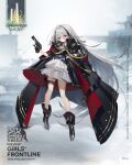  1girl artist_request bangs black_cloak black_dress black_gloves boots breasts brown_footwear character_name chiappa_rhino chinese_text cloak closed_mouth commentary_request copyright_name dress expressionless eyebrows_visible_through_hair full_body girls&#039;_frontline gloves gun hand_on_hip handgun highres holding holding_gun holding_weapon holstered_weapon legs long_hair looking_at_viewer multicolored_hair official_art promotional_art revolver rhino_(girls&#039;_frontline) rhino_revolver_200ds silver_hair simple_background single_glove small_breasts solo standing very_long_hair weapon yellow_eyes 