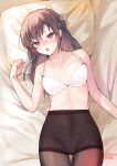  1girl absurdres bangs bare_shoulders bed_sheet blush bra breasts brown_hair brown_legwear collarbone covered_navel highres long_hair looking_at_viewer lying medium_breasts on_back on_bed open_mouth original panties panties_under_pantyhose pantyhose pillow red_eyes solo thighs tomozero underwear white_bra white_panties 