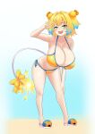  +_+ 1girl absurdres bikini blonde_hair bombergirl breasts eyebrows_visible_through_hair full_body green_eyes hair_ornament highres large_breasts looking_at_viewer oppai_loli pine_(bombergirl) puffywaffles sandals short_hair simple_background smile swimsuit v white_background yellow_bikini 