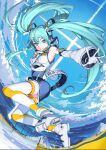  1girl aqua_eyes aqua_hair bangs blue_sky breasts cloud commentary_request detached_sleeves foreshortening full_body gloves grin hair_between_eyes hatsune_miku highres horizon long_hair looking_at_viewer medium_breasts mountain ocean outstretched_arm panko_(drive_co) pose sky smile snow solo thighhighs twintails vocaloid water white_gloves yuki_miku zettai_ryouiki 