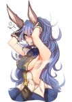  !? 1girl absurdres animal_ears areolae armpit_crease armpits arms_behind_head arms_up bangs black_gloves blue_hair blush breasts breath covered_nipples dress erune ferry_(granblue_fantasy) frilled_gloves frills from_side gloves granblue_fantasy hair_between_eyes highres long_hair medium_breasts nipples roas01b short_dress sideboob simple_background sleeveless sleeveless_dress solo steam steaming_body sweat sweatdrop turtleneck turtleneck_dress white_background yellow_eyes 