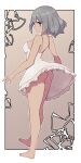 1girl ass bangs bare_arms barefoot blue_eyes breasts closed_mouth dress eyebrows_visible_through_hair full_body grey_hair highres lamb-oic029 legs light_smile looking_at_viewer medium_breasts no_panties original short_hair silver_hair solo spaghetti_strap standing white_dress 
