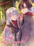  1boy 1girl 86_-eightysix- animal antenna_hair bangs blurry blurry_background blush brown_hair christmas christmas_market closed_mouth coat eyebrows_visible_through_hair grey_coat grey_eyes hair_between_eyes hand_in_pocket highres holding holding_animal leaning_to_the_side long_hair long_sleeves looking_at_viewer merry_christmas open_clothes open_coat red_eyes red_ribbon red_scarf ribbon scarf shanabi0610 shinei_nouzen shiny shiny_hair short_hair silver_hair smile standing straight_hair stuffed_animal stuffed_bunny stuffed_toy twitter_username very_long_hair vladilena_millize watermark winter winter_clothes winter_coat 