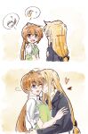  2girls absurdres apron blonde_hair blush brown_hair casual couple fate_testarossa happy heart highres kiss lastfin long_hair looking_at_another lyrical_nanoha mahou_shoujo_lyrical_nanoha_vivid multiple_girls open_mouth purple_eyes side_ponytail simple_background smile takamachi_nanoha tsab_executive_military_uniform wife_and_wife yuri 