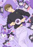  1boy ace_of_diamond black_shirt brown_eyes brown_hair collared_shirt cup glasses highres holding holding_cup holding_plate kuromi looking_at_viewer lying male_focus mask mask_removed miyuki_kazuya on_back on_bed onegai_my_melody pants parted_lips plate purple_pants purple_shirt shirt short_hair sideburns sleep_mask solo stuffed_toy twoframe 
