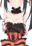 1girl areolae black_hair bow breasts closed_mouth clothes_down collar collarbone commentary_request cross-laced_sleeves date_a_live dress frilled_bow frilled_collar frilled_dress frills highres large_breasts light_blush long_hair morisobo nipples orange_bow orange_dress orange_ribbon ribbon simple_background solo standing tokisaki_kurumi upper_body white_background 