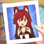  1girl animal_ears brooch brown_hair commentary dress fang holding holding_photo imaizumi_kagerou jewelry long_hair photo_(object) pointing red_eyes shop smile solo spongebob_squarepants touhou white_dress wolf_ears wool_(miwol) 