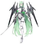  1girl absurdres breasts covered_navel full_body green_eyes green_hair headgear highres holding holding_sword holding_weapon leotard long_hair mechanical_arms mechanical_legs medium_breasts original scabbard sheath sheathed solo standing sword very_long_hair weapon white_leotard wsfw 